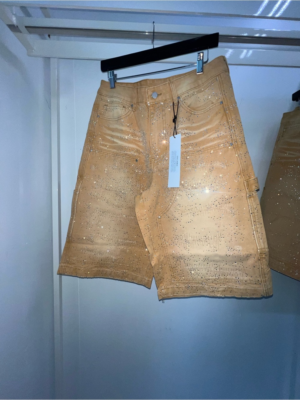 Tan Distressed Men's Jean Shorts with Subtle Embellishment
